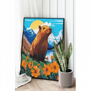 AAAA-NK492-100x125 Капибара на берегу горного озера Животные Природа Лето 100х125 Раскраска картина по номерам на холсте недорого