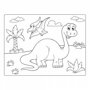 Раскраска Мультяшный Бронтозавр и Птеродактиль