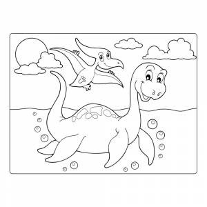 Раскраска Мультяшный Плезиозавр и Птеродактиль