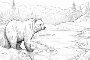 Очаровательный медведь гризли ловит рыбу раскраски толстый черный контур сплошные цвета речная сцена