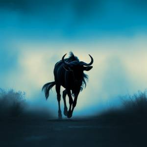 Силуэт синего антилопы гну, бегущего навстречу