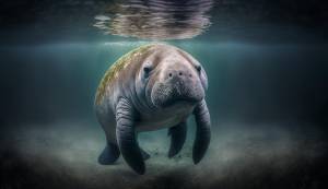 На фото ламантин плывет под водой