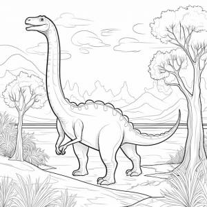 Оазис динозавров серьёзный брахиозавр красивая страница с яркими деревьями