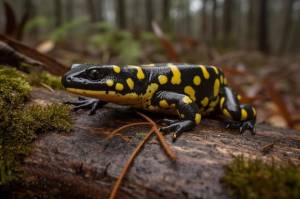 Черно-желтая пятнистая саламандра сидит на бревне в лесу