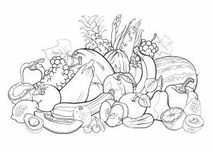 Раскраски Раскраска Множество овощей и фруктов Еда