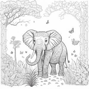 Раскраска слон в лесу черно-белая для раскраски