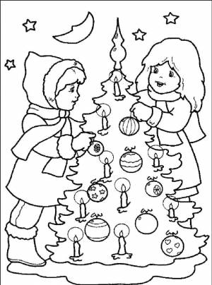 Раскраски Раскраска Зима детские зима дед мороз подарки снегурочка Новый год, Раскраска Дети украшают новогоднюю елку Новый год