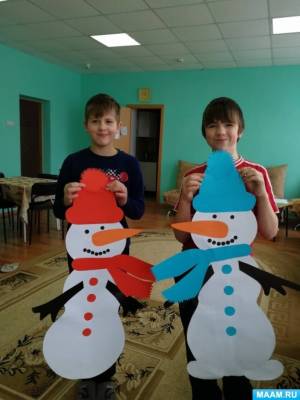 Детский мастер-класс по изготовлению поделки «Снеговик» из бумаги в технике «аппликация» для украшения интерьера группы