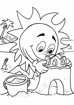 Раскраска Солнышко на пляже строит замок из песка