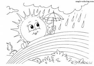 Раскраски Раскраска Солнышко радуга и дождь Солнце