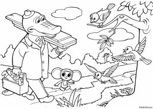 Раскраски Раскраска Крокодил гена и чебурашка строит мультики