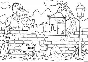 Раскраски Раскраска Крокодил гена строит с друзьями мультики