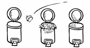 Простой векторный набор 3 ручной рисунок скомканной бумаги, брошенной в открытый мусорный бак