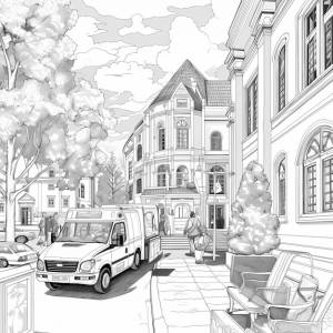 Раскраска больница с машиной скорой помощи выгружает пациента в отделение скорой помощи