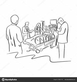 Четыре врача ухаживают за пациентом на кровати в больнице векторные иллюстрации рисунок руки с черными линиями изолированы на белом фоне Векторное изображение ©a3701027d 189351178