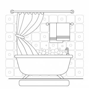 Современный интерьер ванной комнаты векторная плоская иллюстрация line art книжка-раскраска