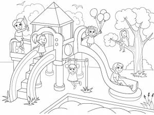 Детская игровая площадка раскраски векторная иллюстрация черно-белого