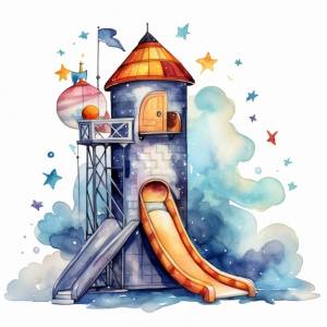 Есть акварельный рисунок водной горки и генеративного ии замка