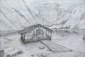 Рисунок карандашом к картине маслом Домик в горах в рамке в интернет-магазине Ярмарка Мастеров по цене 1190 ₽