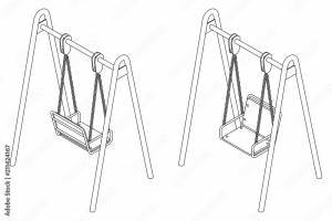 Детские качели с креслом, черно-белый векторный контурный рисунок в изометрической проекции на белом фоне Stock Vector