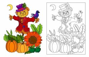 Жуткое соломенное чучело на хэллоуин с шляпой, тыквой и подсолнухами, раскраска на хэллоуин