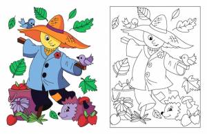 Симпатичное соломенное чучело в шляпе, ёжик, птица, яблочная корзина, осенне-осенний сезон, раскраска иллюстрация