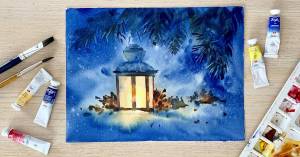 Новогодний фонарь акварелью