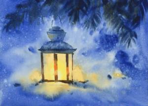 Новогодний фонарь акварелью