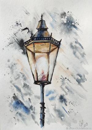 Акварель Ночь, улица, фонарь в интернет-магазине на Ярмарке Мастеров