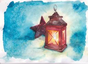 Новогодний фонарь акварелью