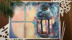 Watercolor and White Gouache Lantern covered in Snow Painting Demonstration