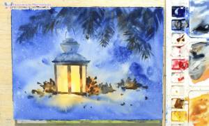 Новогодний фонарь акварелью