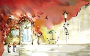 Скачать обои рисунок, краски, дом, фонарь, акварель разрешение 640x480 8541