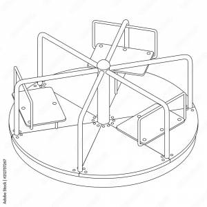 Карусель детская с шестью сидениями, черно-белый контурный изометрический векторный рисунок на белом фоне с тенью Stock Vector