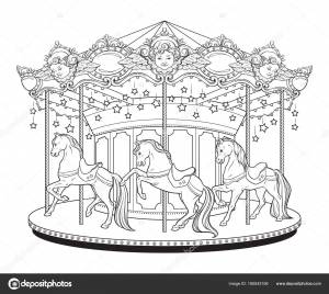 Карусель La Belle Epoque милый карусель ходить с лошадьми раскраски книги страниц для детей и взрослых ручной рисовать векторные иллюстрации Векторное изображение ©Croisy 185543106