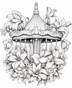 Черно-белый рисунок карусели в окружении цветов генеративный ай