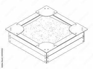 Черно-белый изометрический векторный контурный рисунок деревянной детской песочницы с бортиками, сидениями на углах и кучей песка Векторный объект Stock