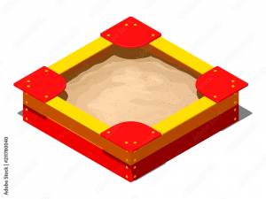 Красно-желтая деревянная детская песочница с бортиками, сидениями на углах и кучей песка для игр, изометрический векторный рисунок на белом фоне с тенью Stock Vector