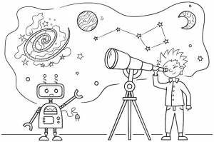 Мальчик смотрит в телескоп, и робот рассказывает ему об иллюстрации spacvector для книжки-раскраски