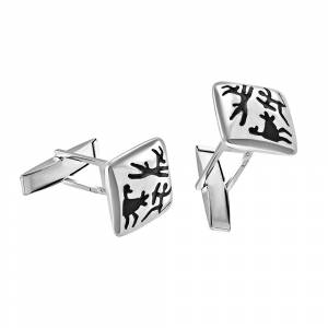 SILVEROFF Запонки Серебряные Наскальный рисунок Охотник, родирование, черная эмаль