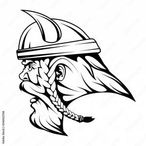 Head Viking warrior in combat helmet, viking warrior face drawing sketch, viking logo in black and white, vector graphics to design Векторный объект Stock