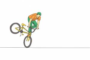 Один непрерывный рисунок молодого велосипедиста bmx, выполняющего опасный трюк в экстремальном спорте