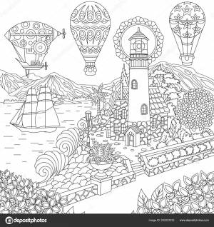 Маяк Парусник Дирижабль Воздушные Шары Раскрашивание Страницы Цветная Картина Раскраска Векторное изображение ©Sybirko 202223232