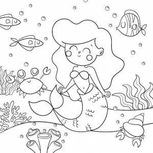 Нарисованная рукой иллюстрация книжки-раскраски русалки