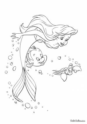 Раскраска Русалочка, Себастьян и Флаундер