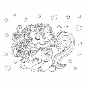 Раскраска Милые девочка и единорог