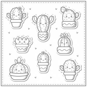 Эскиз милой коллекции кактусов рисунок для раскраски