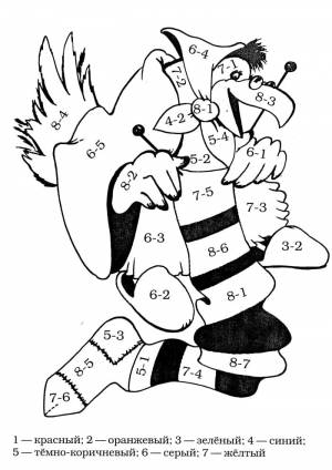 Раскраски математические, Раскраска птица вышивает Математическая раскраска вычитание до 10 Математические раскраски