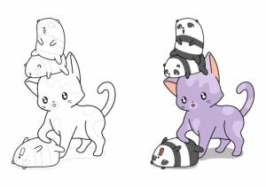 Раскраска милые коты и крошечные панды с легкостью раскраски для детей