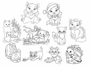 Раскраски Много на одном листе котики